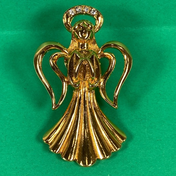 Vtg Christmas Angel Brooch Holiday Pin sparkling jeweled halo on goldtone metal - Picture 2 of 5